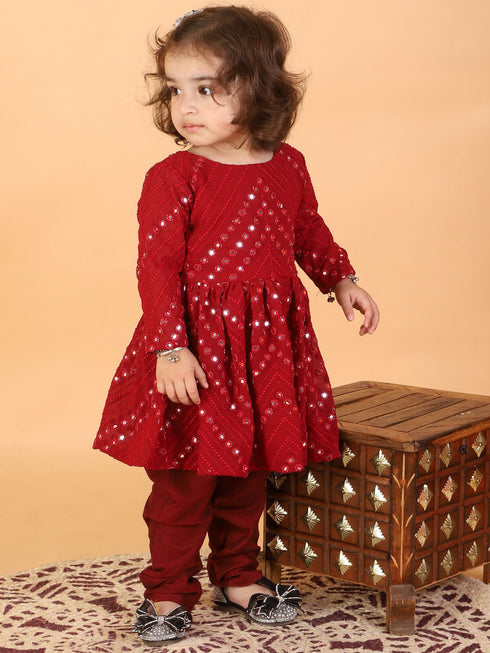 Vastramay SISHU Girl's Maroon Mirror Kurta Pyjama Set
